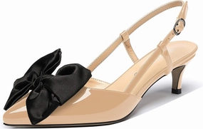 WAYDERNS Women's Satin Bow Decoration Pointed Toe Buckle Slingback Patent Kitten Low Heel Pumps Shoes 2 Inch
