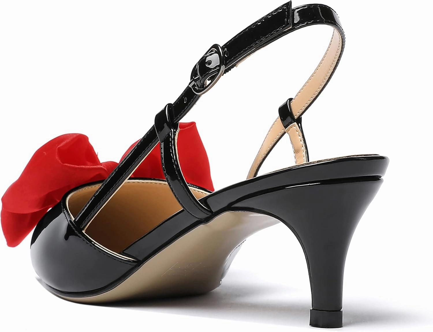 WAYDERNS Women's Satin Bow Decoration Pointed Toe Buckle Slingback Patent Kitten Low Heel Pumps Shoes 2 Inch