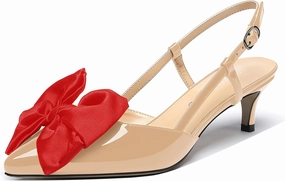 WAYDERNS Women's Satin Bow Decoration Pointed Toe Buckle Slingback Patent Kitten Low Heel Pumps Shoes 2 Inch