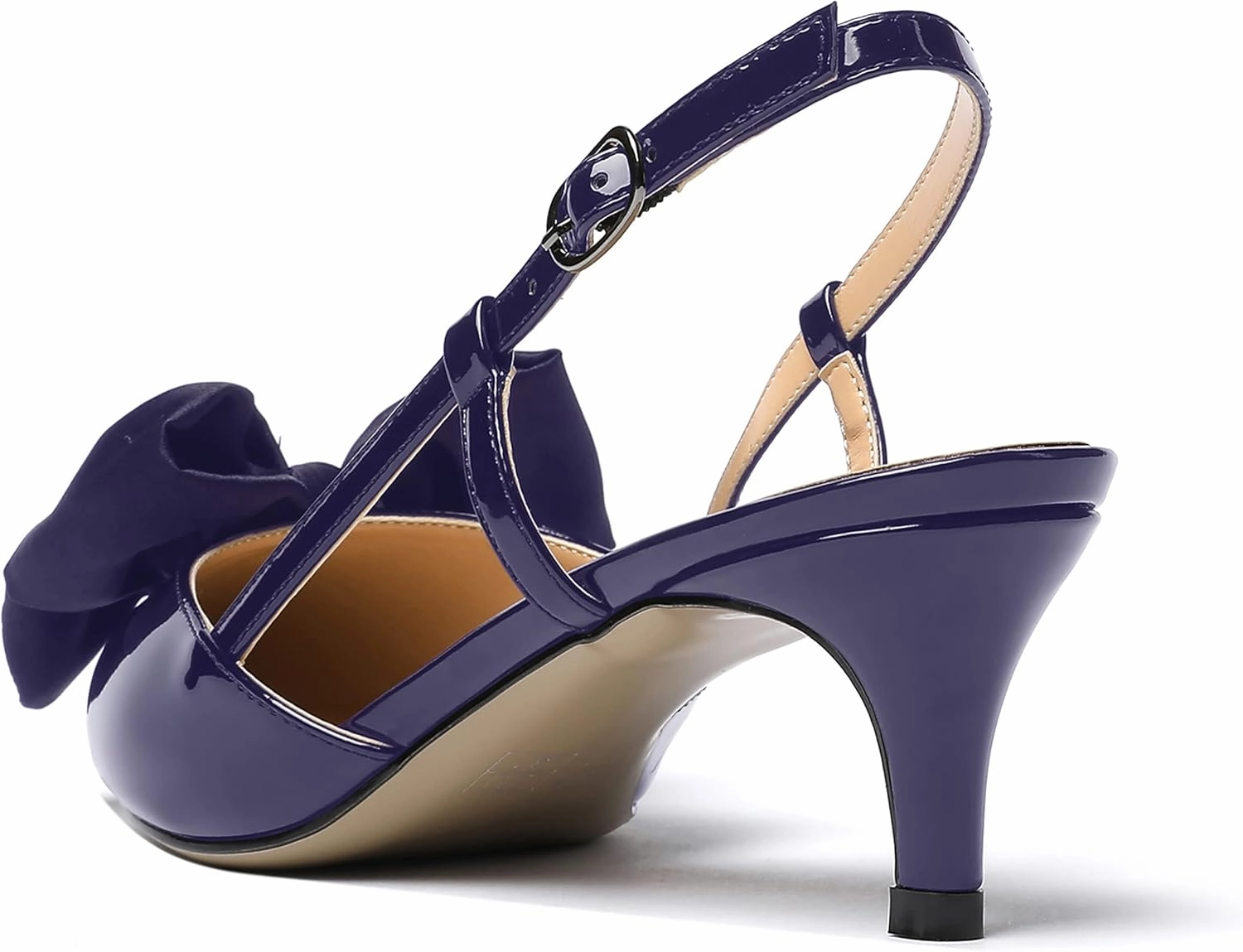 WAYDERNS Women's Satin Bow Decoration Pointed Toe Buckle Slingback Patent Kitten Low Heel Pumps Shoes 2 Inch