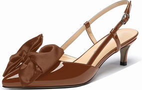 WAYDERNS Women's Satin Bow Decoration Pointed Toe Buckle Slingback Patent Kitten Low Heel Pumps Shoes 2 Inch