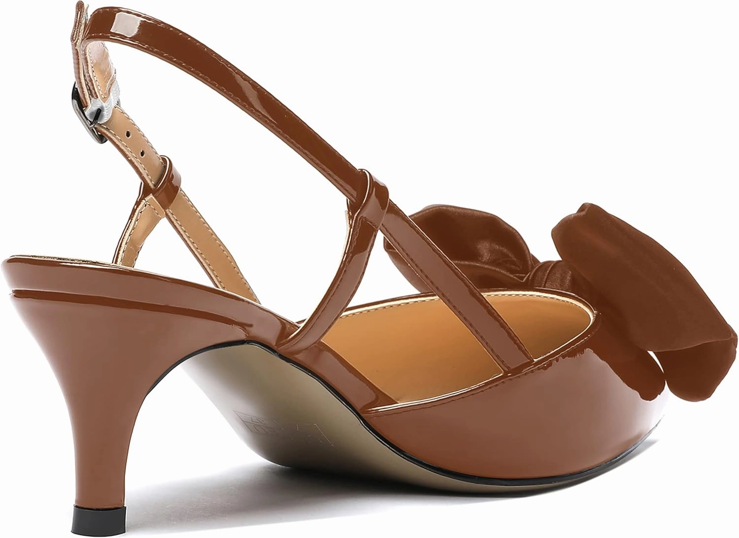 WAYDERNS Women's Satin Bow Decoration Pointed Toe Buckle Slingback Patent Kitten Low Heel Pumps Shoes 2 Inch