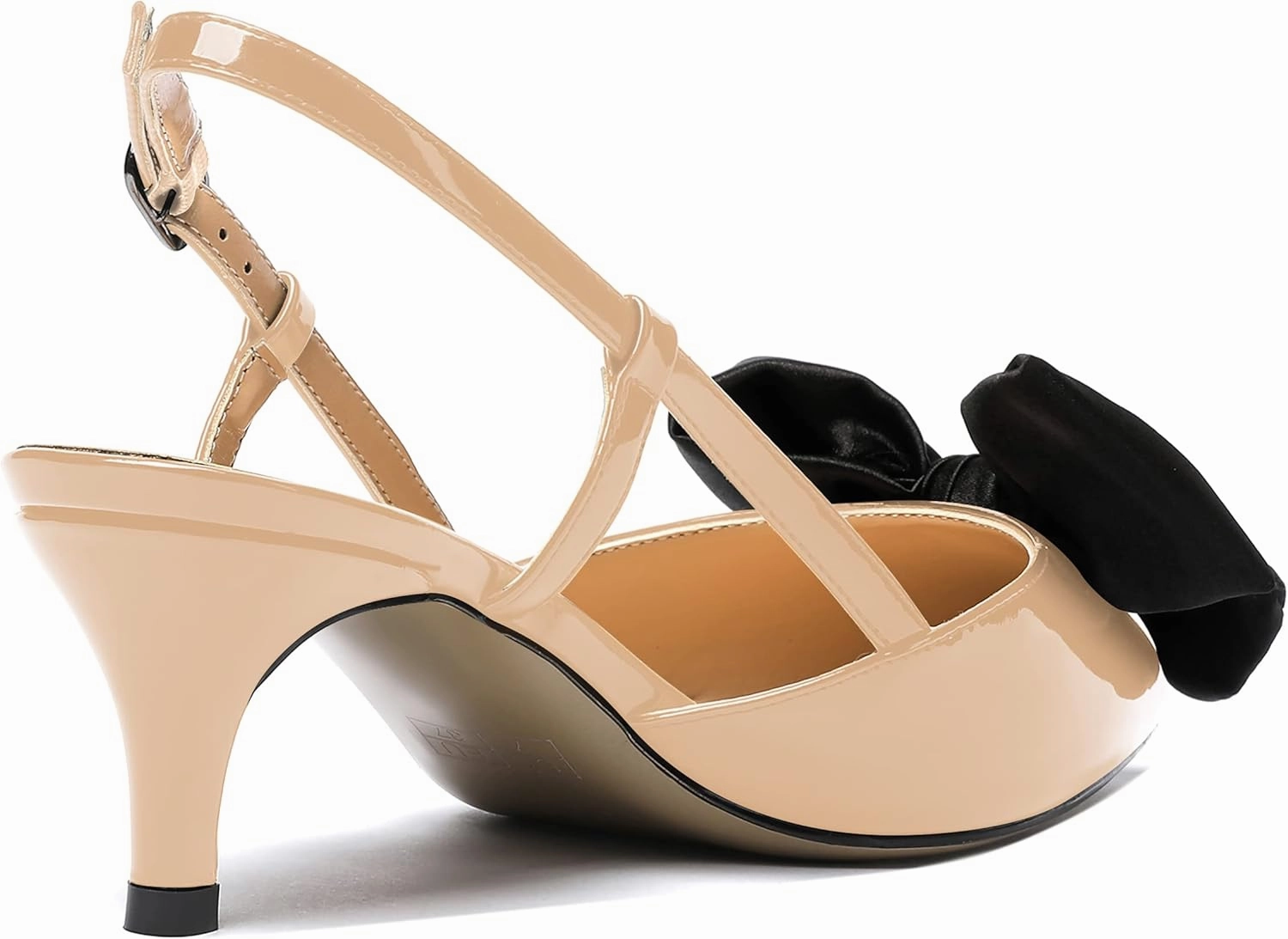 WAYDERNS Women's Satin Bow Decoration Pointed Toe Buckle Slingback Patent Kitten Low Heel Pumps Shoes 2 Inch