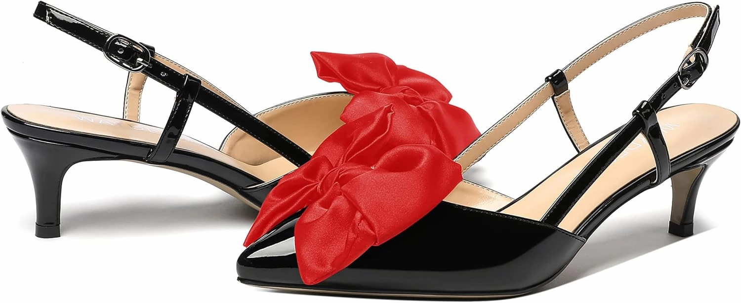 WAYDERNS Women's Satin Bow Decoration Pointed Toe Buckle Slingback Patent Kitten Low Heel Pumps Shoes 2 Inch
