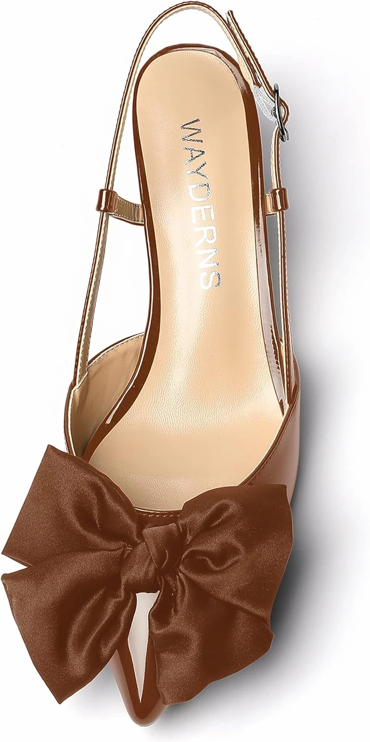 WAYDERNS Women's Satin Bow Decoration Pointed Toe Buckle Slingback Patent Kitten Low Heel Pumps Shoes 2 Inch
