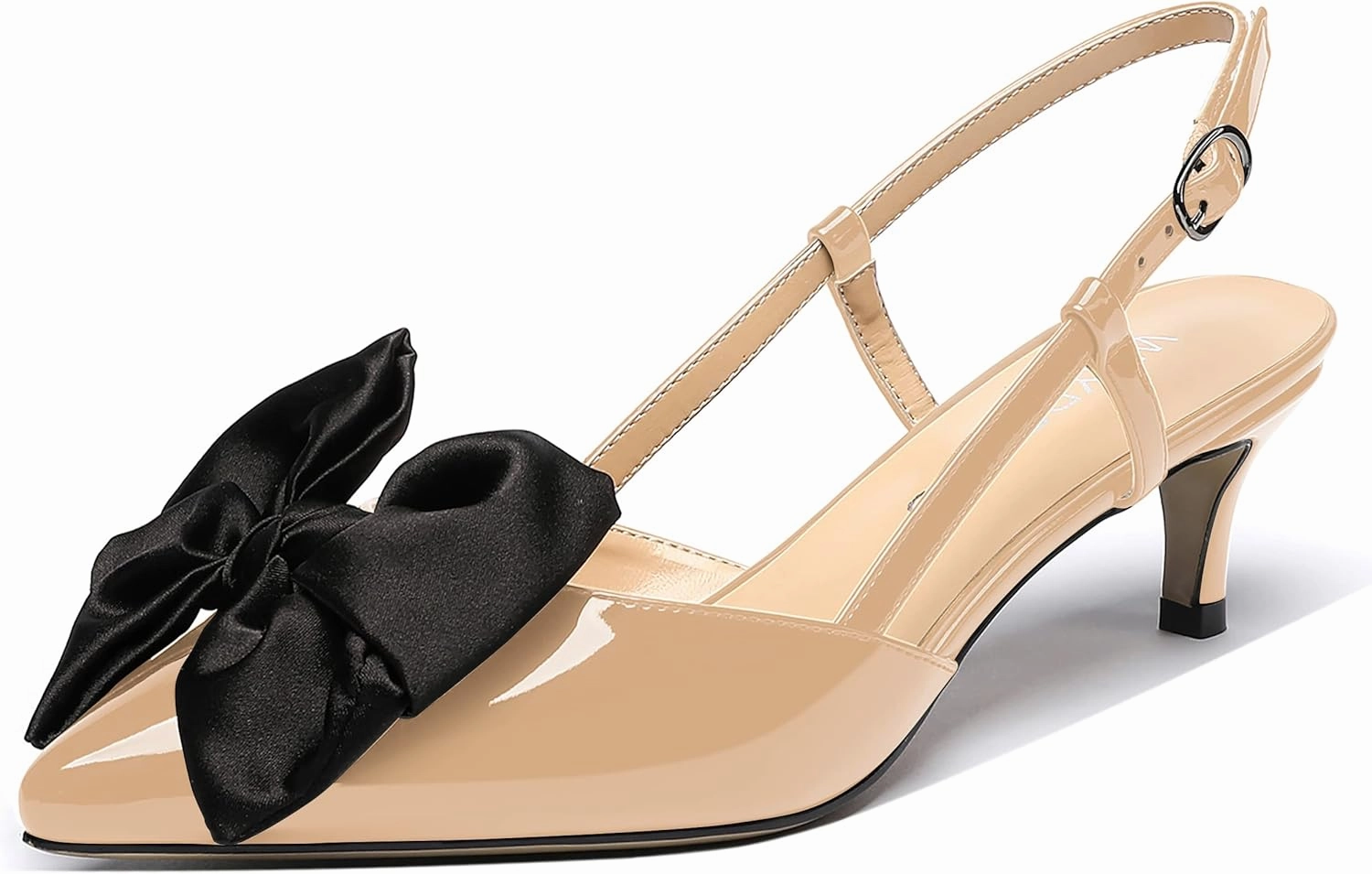 WAYDERNS Women's Satin Bow Decoration Pointed Toe Buckle Slingback Patent Kitten Low Heel Pumps Shoes 2 Inch
