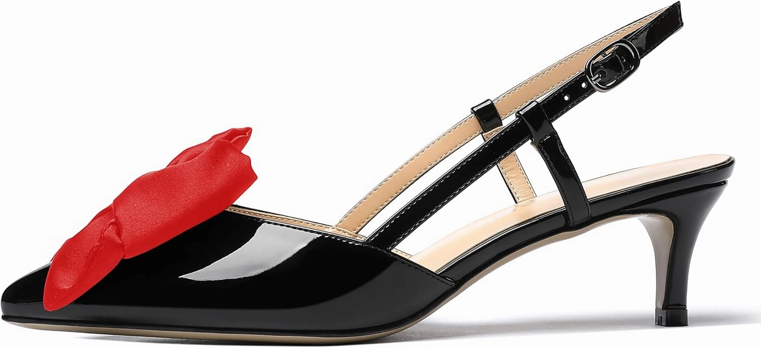 WAYDERNS Women's Satin Bow Decoration Pointed Toe Buckle Slingback Patent Kitten Low Heel Pumps Shoes 2 Inch