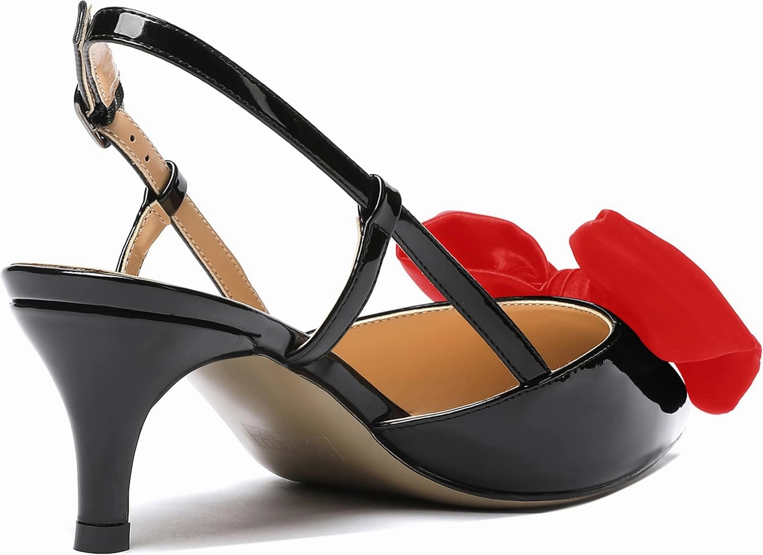 WAYDERNS Women's Satin Bow Decoration Pointed Toe Buckle Slingback Patent Kitten Low Heel Pumps Shoes 2 Inch
