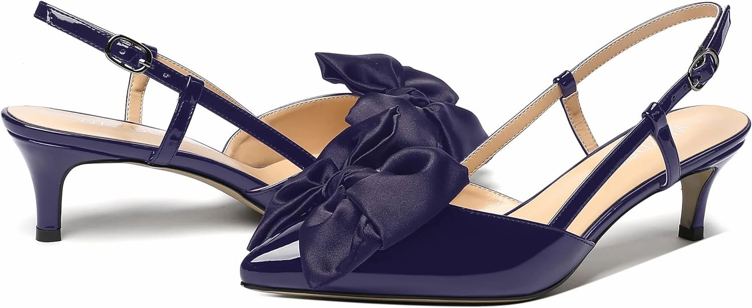 WAYDERNS Women's Satin Bow Decoration Pointed Toe Buckle Slingback Patent Kitten Low Heel Pumps Shoes 2 Inch