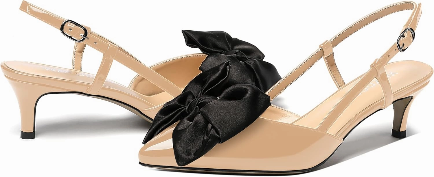 WAYDERNS Women's Satin Bow Decoration Pointed Toe Buckle Slingback Patent Kitten Low Heel Pumps Shoes 2 Inch