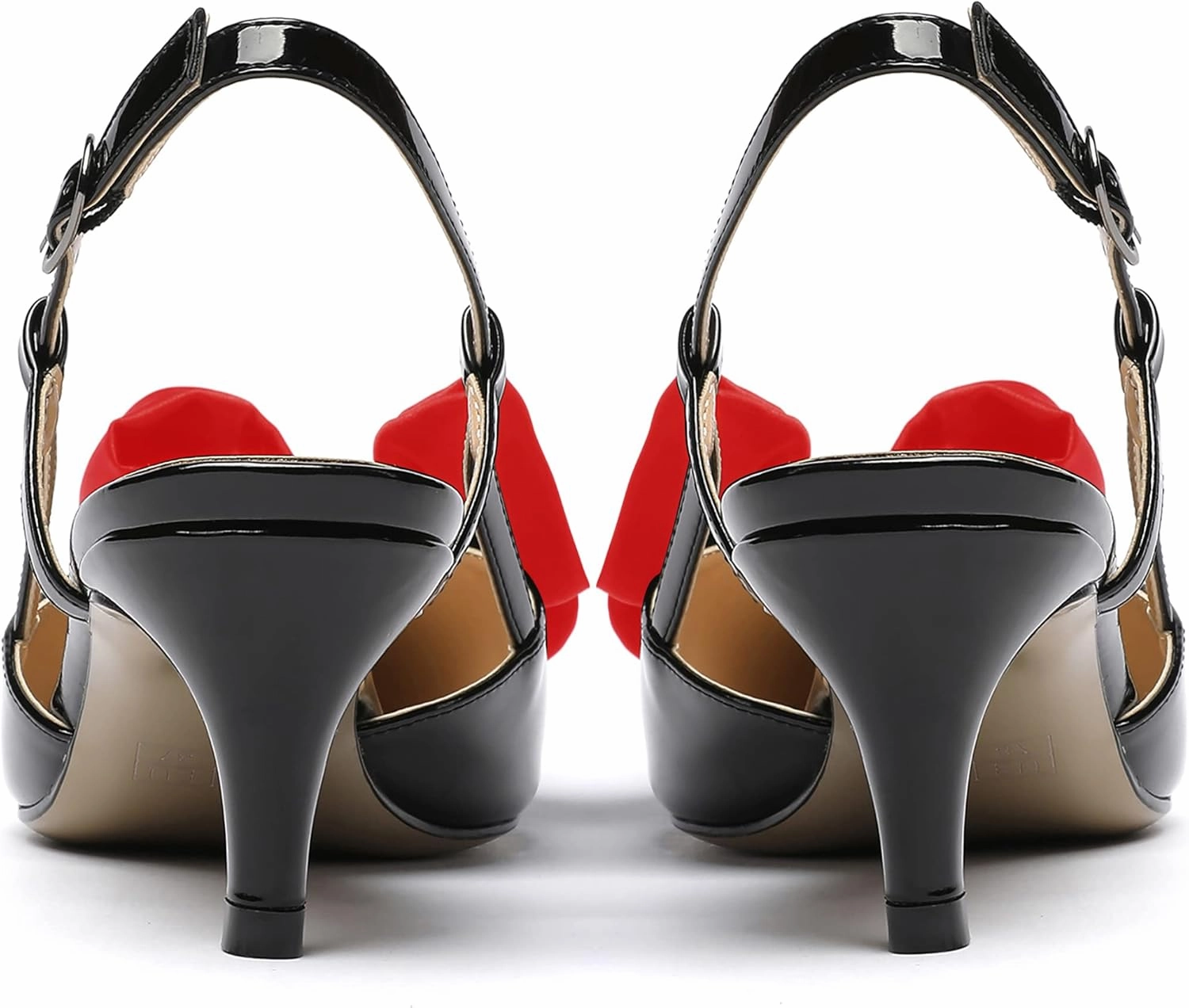 WAYDERNS Women's Satin Bow Decoration Pointed Toe Buckle Slingback Patent Kitten Low Heel Pumps Shoes 2 Inch