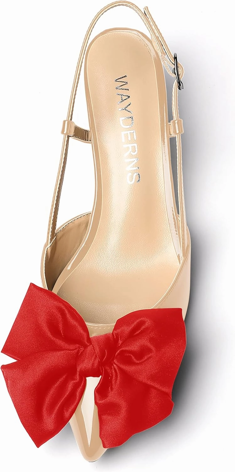 WAYDERNS Women's Satin Bow Decoration Pointed Toe Buckle Slingback Patent Kitten Low Heel Pumps Shoes 2 Inch
