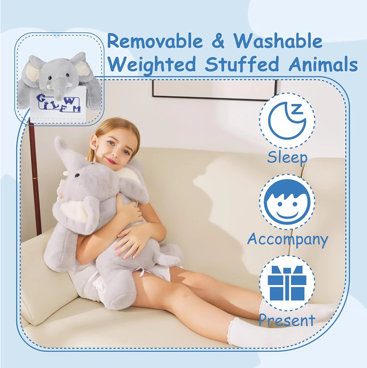 Weighted Stuffed Animals Elephant - 25" Big Stuffed Animal Toy Pillow for Kids & Adults, 5 lbs Ultra-Soft Washable Weighted Plush