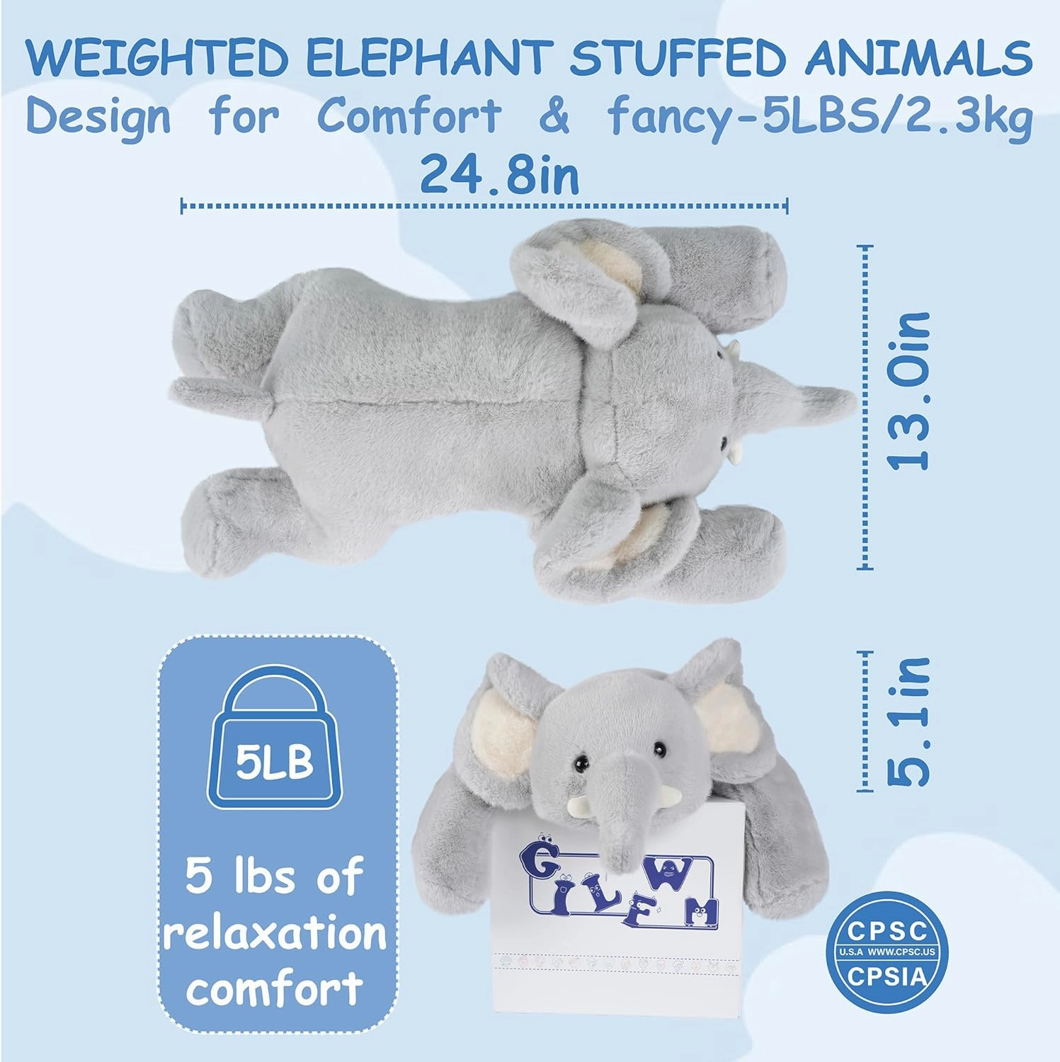 Weighted Stuffed Animals Elephant - 25" Big Stuffed Animal Toy Pillow for Kids & Adults, 5 lbs Ultra-Soft Washable Weighted Plush