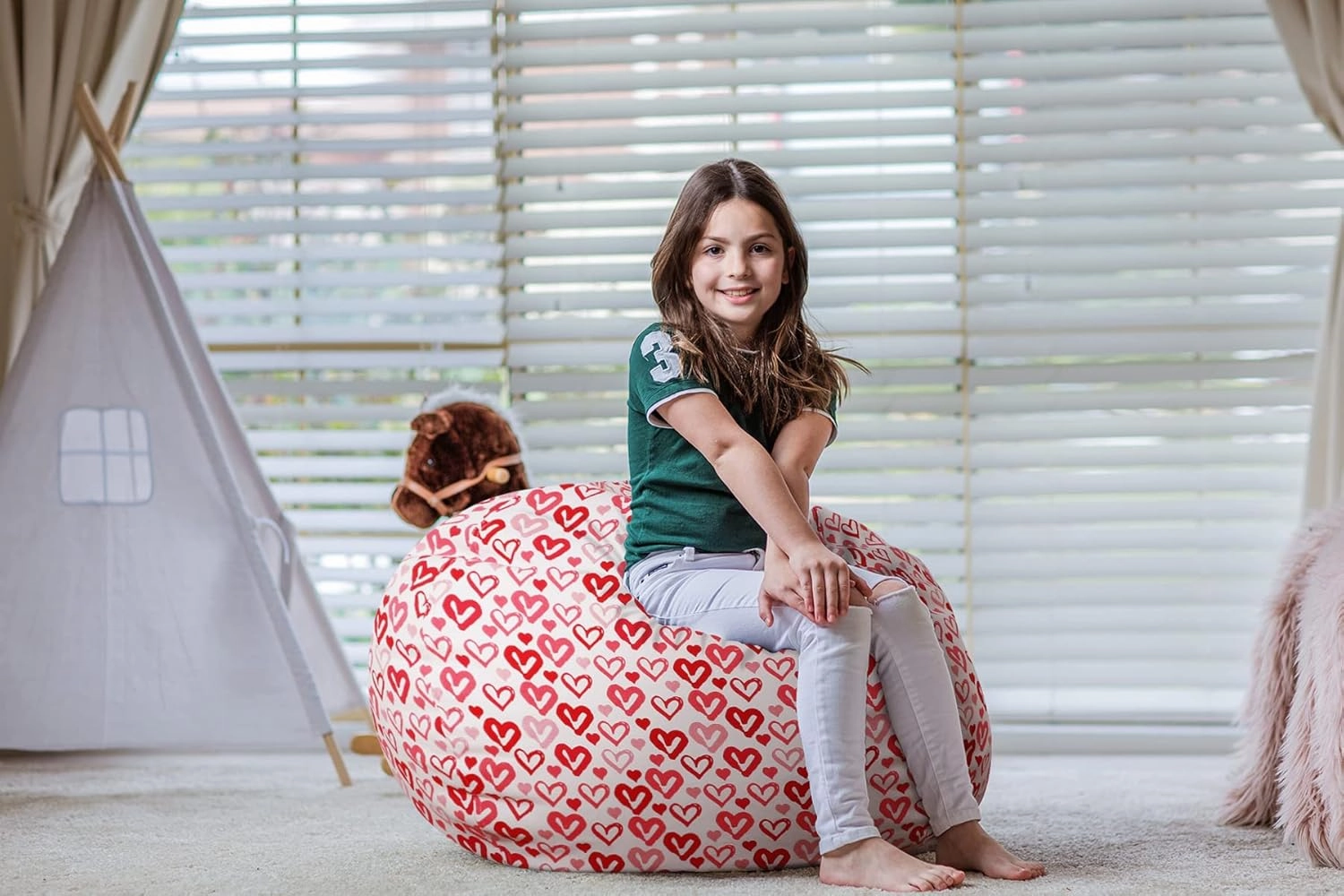 Wekapo Stuffed Animal Storage Bean Bag Chair Cover for Kids | Stuffable Zipper Beanbag for Organizing Children Plush Toys Large Premium Cotton Canvas (Heart, XX-Large)