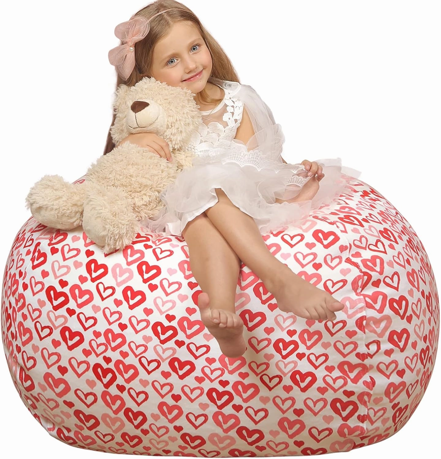 Wekapo Stuffed Animal Storage Bean Bag Chair Cover for Kids | Stuffable Zipper Beanbag for Organizing Children Plush Toys Large Premium Cotton Canvas (Heart, XX-Large)