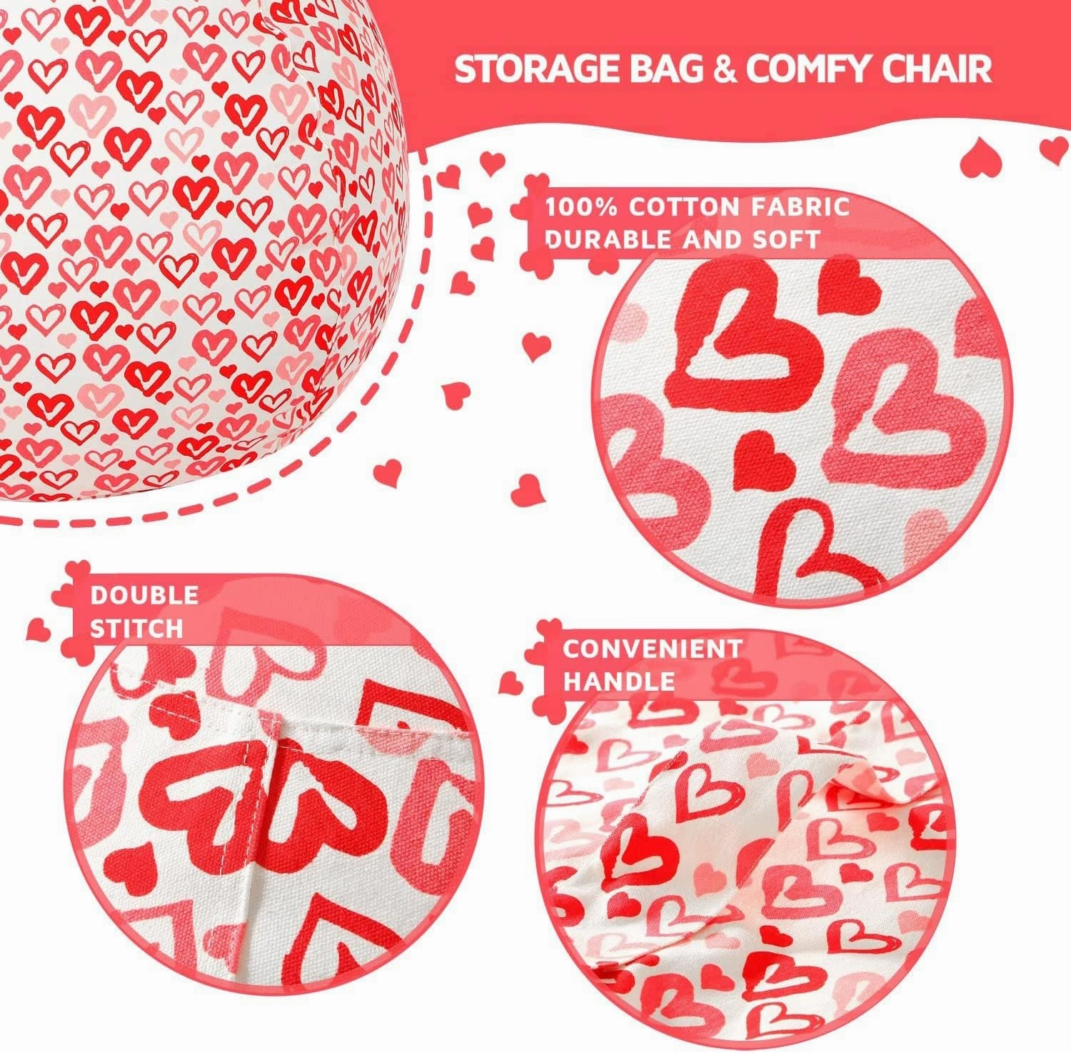 Wekapo Stuffed Animal Storage Bean Bag Chair Cover for Kids | Stuffable Zipper Beanbag for Organizing Children Plush Toys Large Premium Cotton Canvas (Heart, XX-Large)