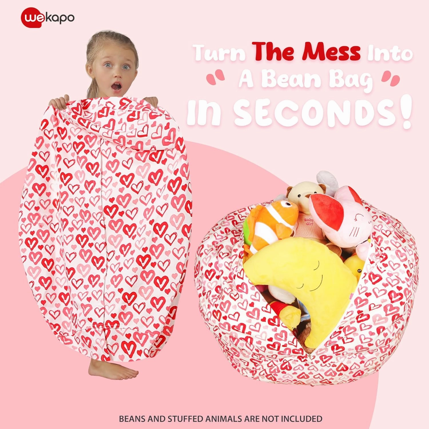 Wekapo Stuffed Animal Storage Bean Bag Chair Cover for Kids | Stuffable Zipper Beanbag for Organizing Children Plush Toys Large Premium Cotton Canvas (Heart, XX-Large)