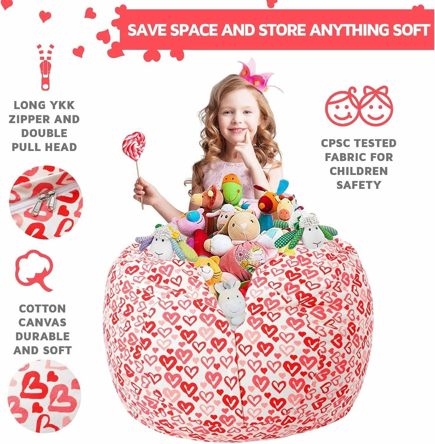 Wekapo Stuffed Animal Storage Bean Bag Chair Cover for Kids | Stuffable Zipper Beanbag for Organizing Children Plush Toys Large Premium Cotton Canvas (Heart, XX-Large)