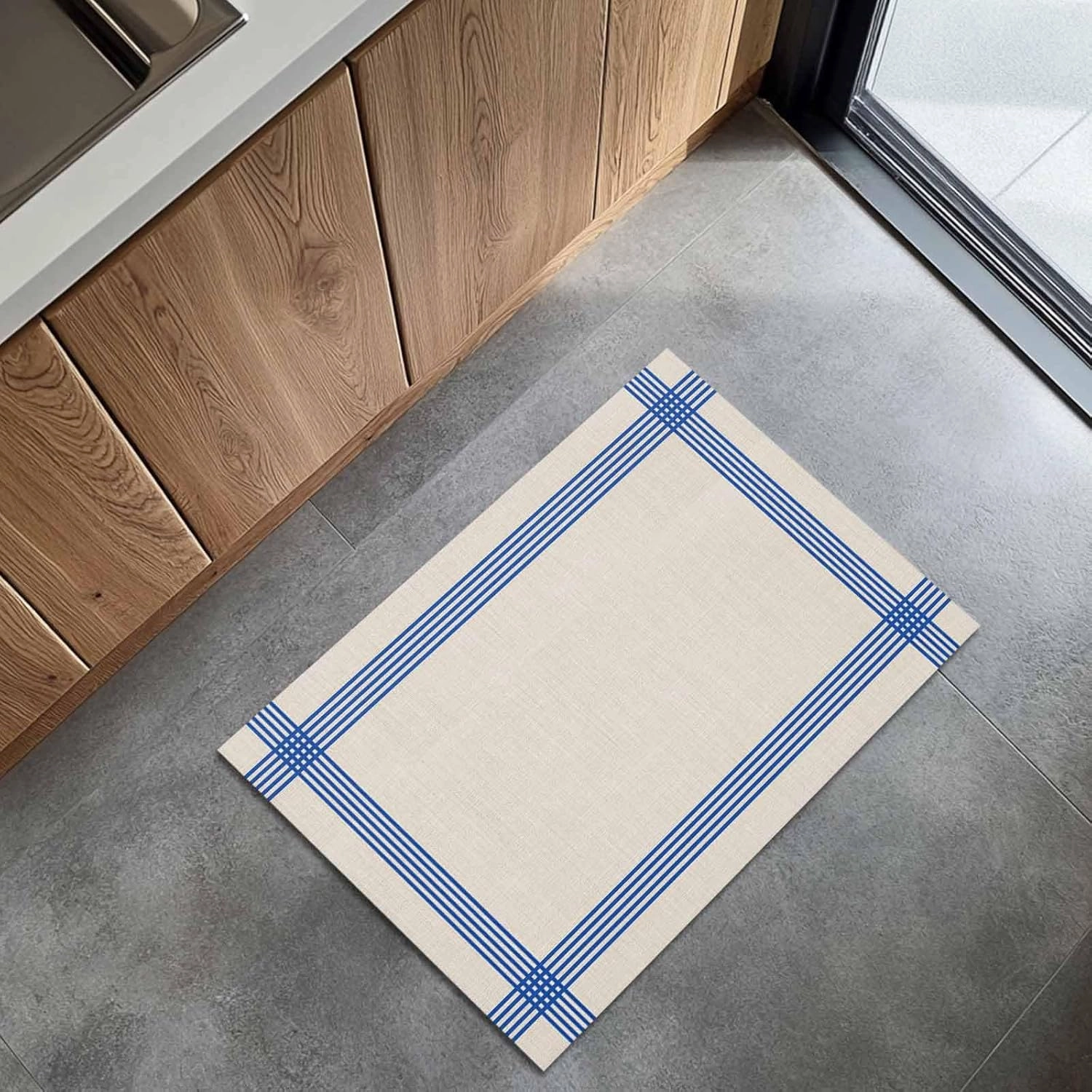 Welcome Door Mat 16x24in,Classic Blue Striped Indoor Entryway Doormats Non-Slip Bath Rug Absorbent Front Door Mat,Retro Line on Linen Floor Carpet for Bedroom Bathroom