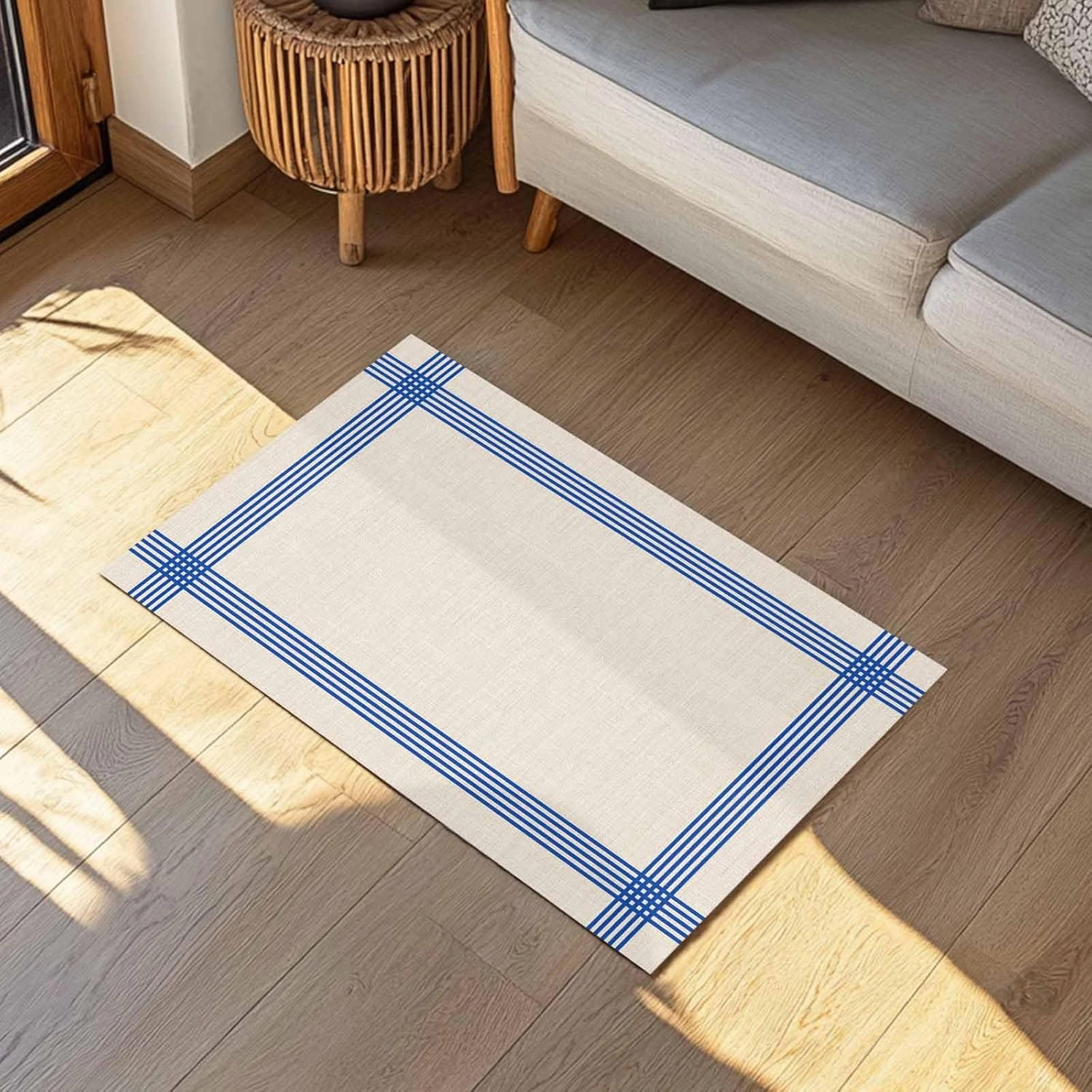 Welcome Door Mat 16x24in,Classic Blue Striped Indoor Entryway Doormats Non-Slip Bath Rug Absorbent Front Door Mat,Retro Line on Linen Floor Carpet for Bedroom Bathroom