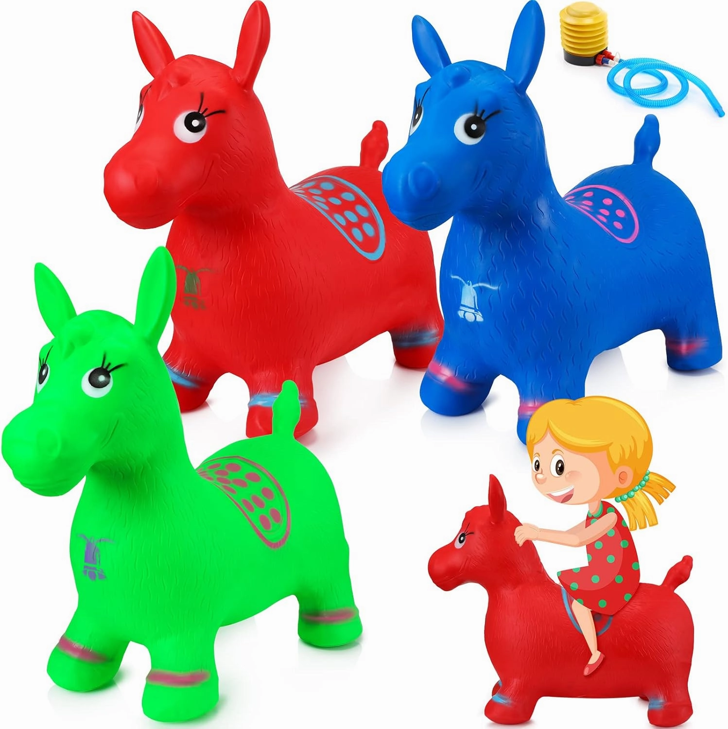 Wettarn 3 Pcs Inflatable Bouncy Toy Bouncy Jumping Horse Hopper Jumping Riding Animals Blue Green Red Ride on Hopping Toy for Boys Girls Toddlers Kids Children Birthday Gift, Pump Included
