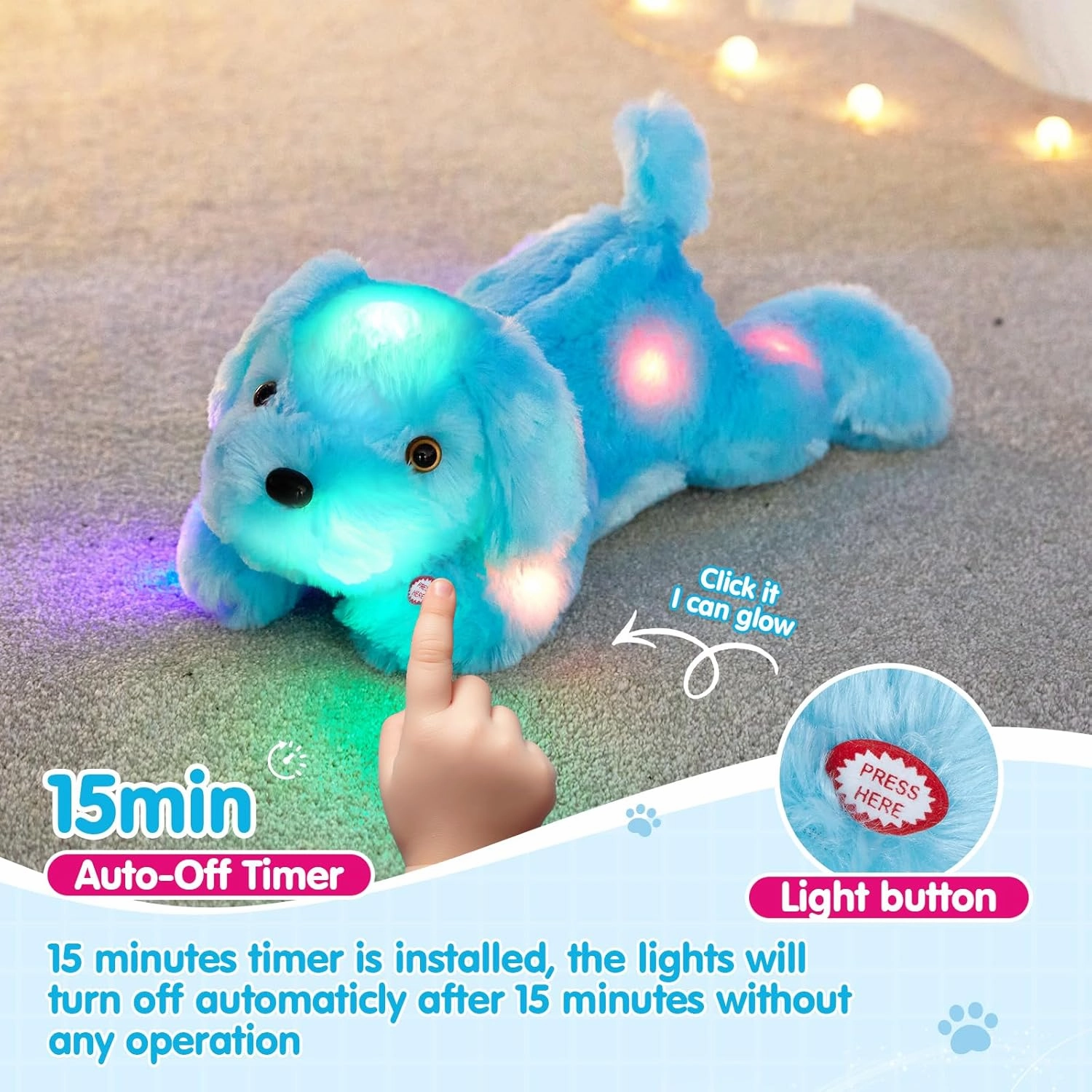 WEWILL 18'' Light up Puppy Stuffed Animal Creative Night Light Lovely LED Dog Glow Soft Plush Toy Gifts for Kids on Christmas Birthday Valentines Festivals, Blue