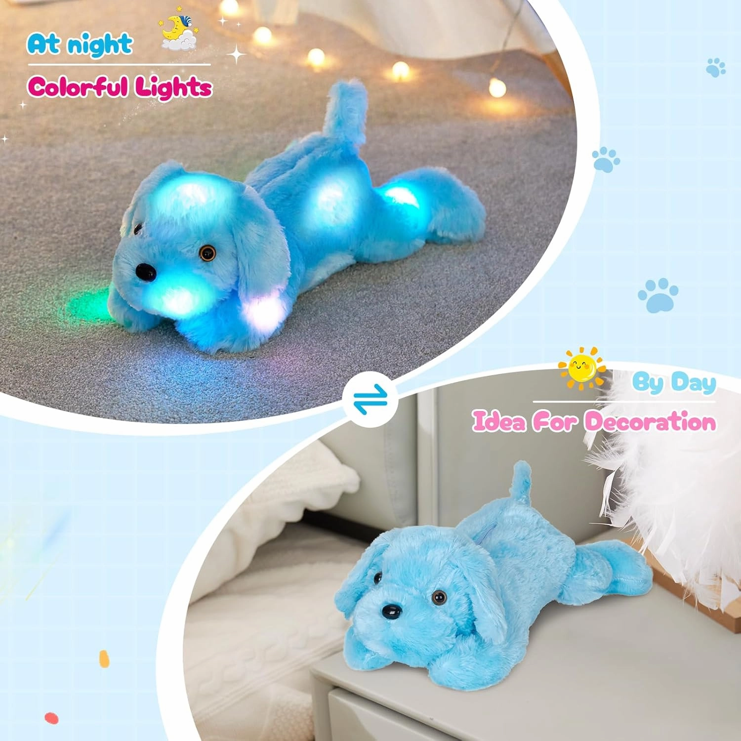 WEWILL 18'' Light up Puppy Stuffed Animal Creative Night Light Lovely LED Dog Glow Soft Plush Toy Gifts for Kids on Christmas Birthday Valentines Festivals, Blue