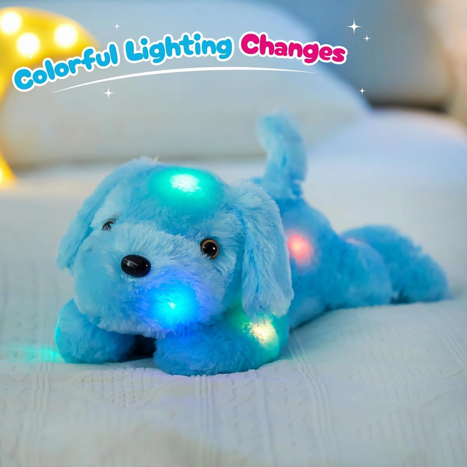 WEWILL 18'' Light up Puppy Stuffed Animal Creative Night Light Lovely LED Dog Glow Soft Plush Toy Gifts for Kids on Christmas Birthday Valentines Festivals, Blue