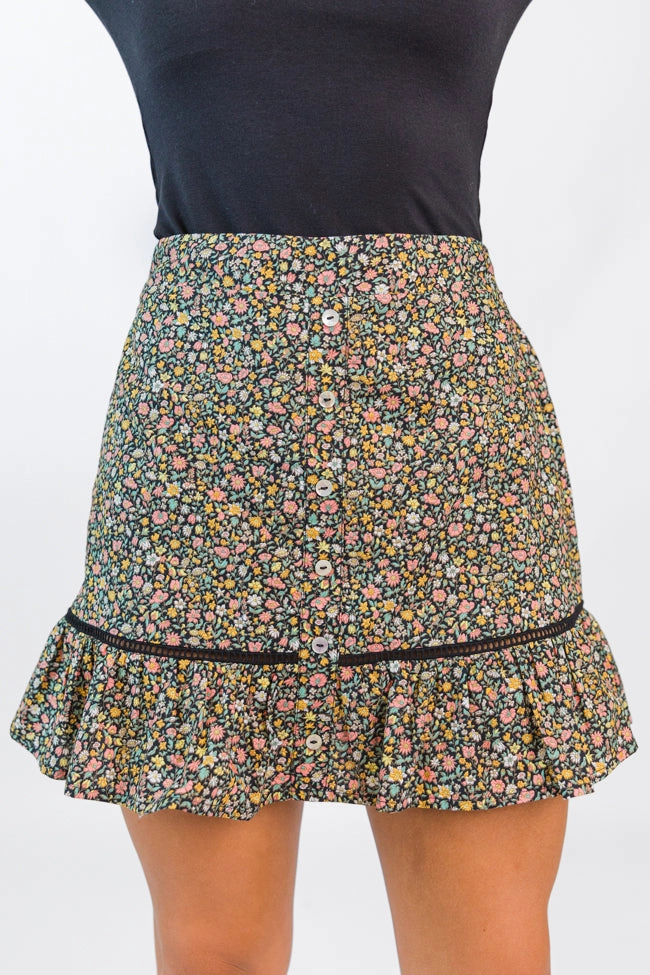 What's The Tea Black Button Front Floral Mini Skort FINAL SALE