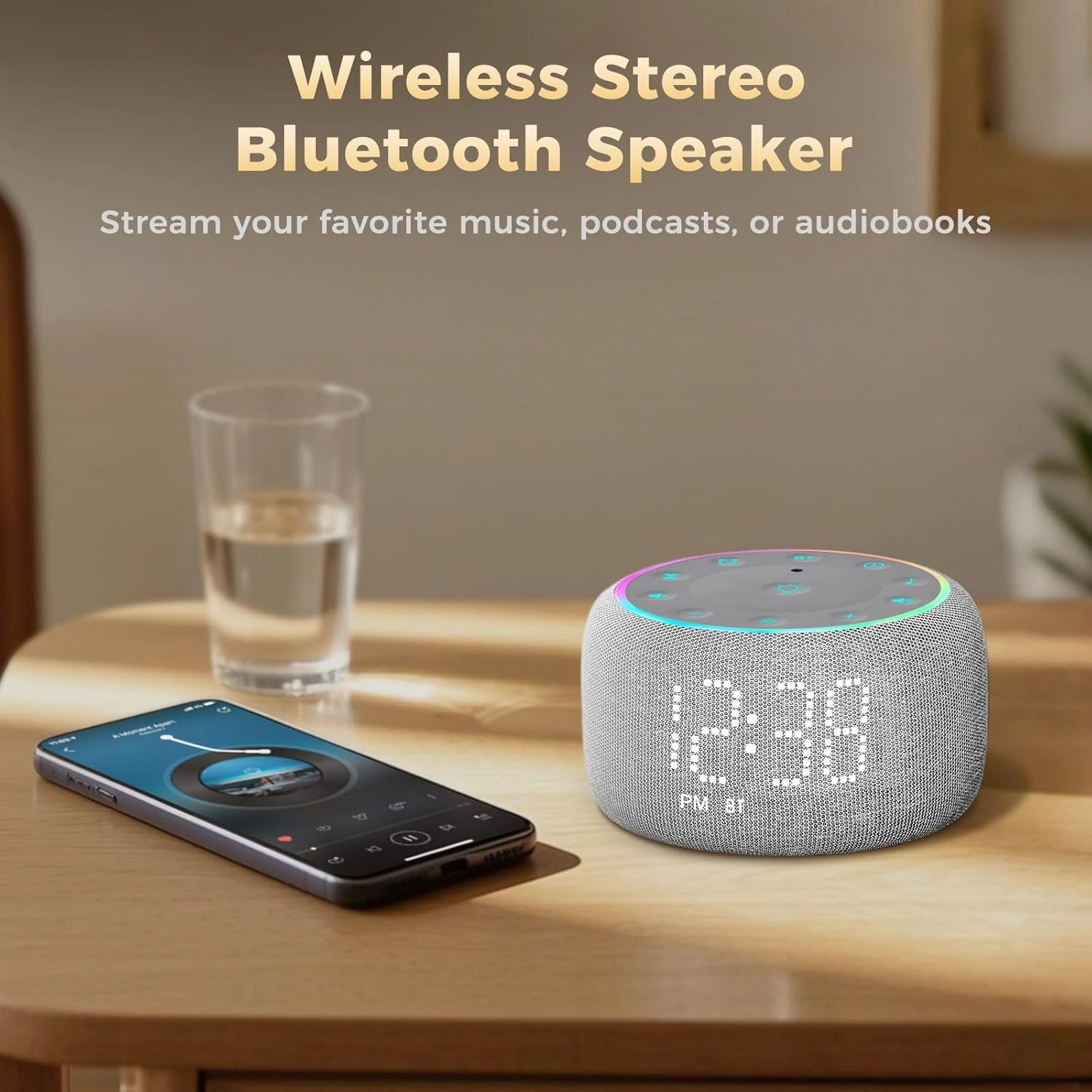 White Noise Machine Alarm Clock: Auto-Dimmable Clock for Bedrooms - 5W Stereo Bluetooth Speaker - Sound Machine with 24 Sleep Sounds for Adults Kids