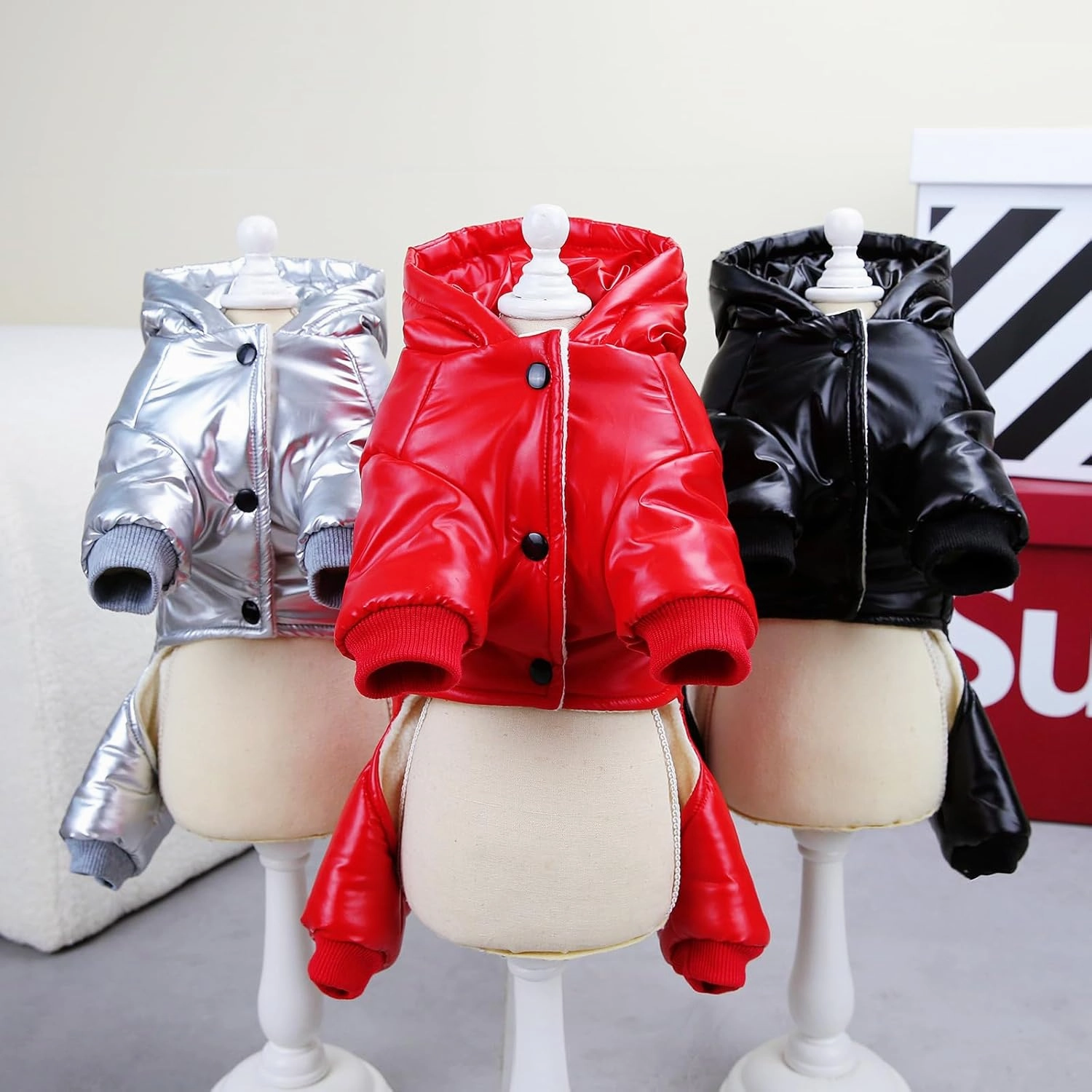 Windproof Dog Coat - 4 Legs Warm Jumpsuit for Cold Weather, Winter Thick Clothes, Snow Proof Cotton Jacket for Small Medium Dogs and Cats - Red M
