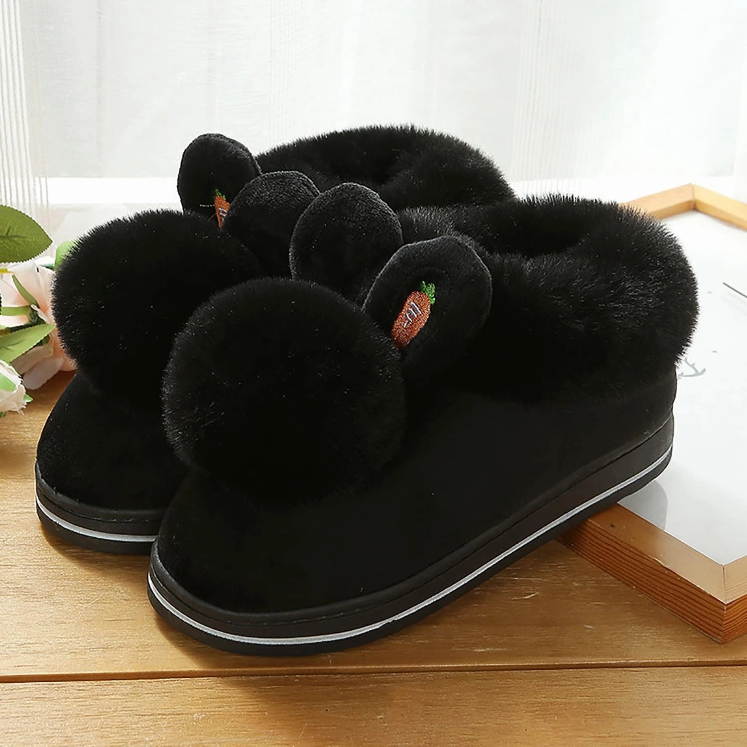 Winter slippers female furry rabbit ears indoor slippers, cute rabbit ears plus plush slippers