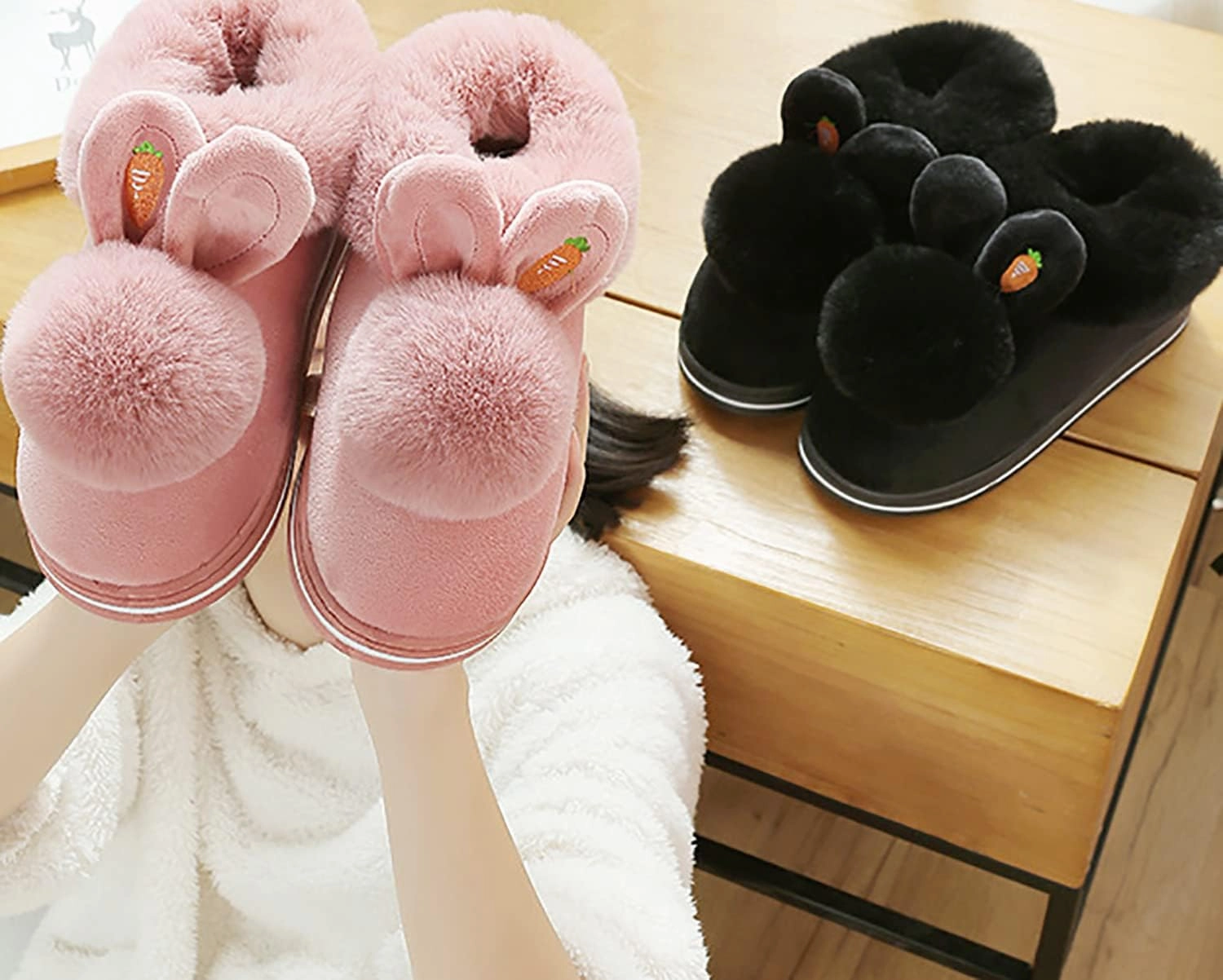 Winter slippers female furry rabbit ears indoor slippers, cute rabbit ears plus plush slippers