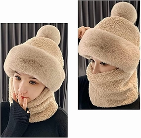 Winter Women's Cycling Windproof Hooded Hat,3 in 1 Winter Plush Collar Hat,Integrated Scarf Thick Hat Cap Ear Protection