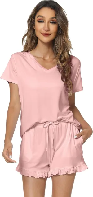 WiWi Womens Pajamas Set Viscose from Bamboo Soft Short Sleeve Top with Ruffle Shorts Sleepwear Ladies Pjs Sets S-XXL