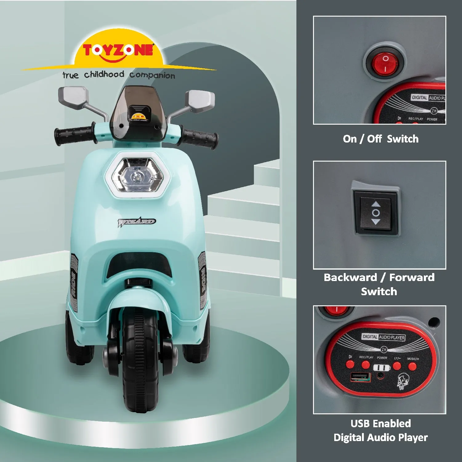 Wizard Electric Scooty - Blue | Rechargeable Scooty | Powered by 6V & 4.5 AH Battery | Ride-On Scooter | Kids Electric Scooty | For Kids 3  Years