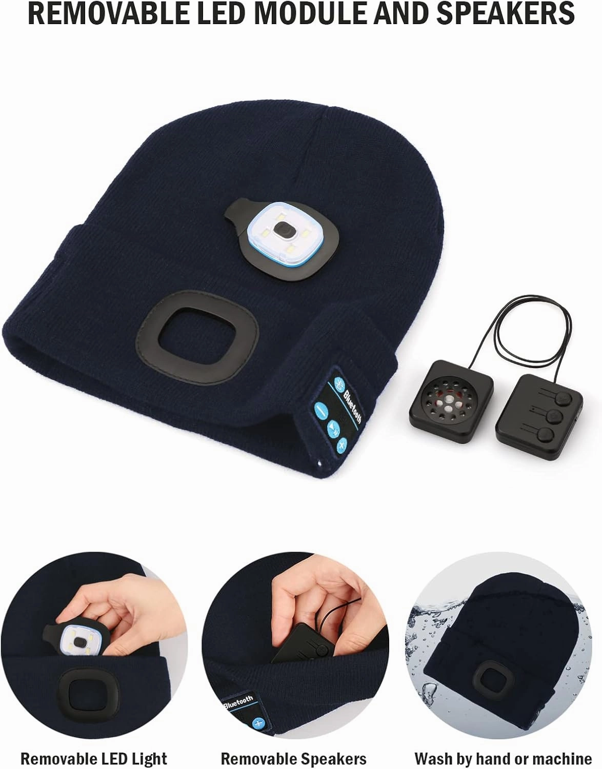 Wmcaps Bluetooth Beanie with a Light, Unisex USB Rechargeable 4 LED Fashlight Hat with Cordless Headphones, Unique Christmas Birthday Gifts for Men Him Husband Teen