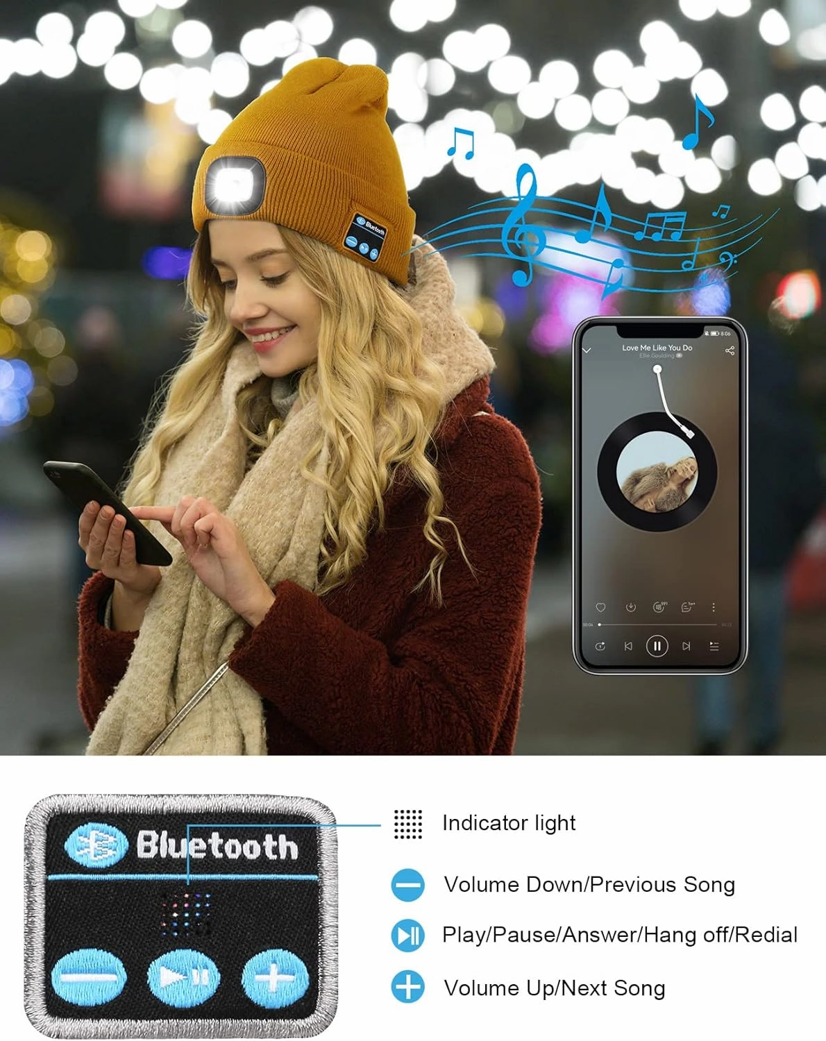 Wmcaps Bluetooth Beanie with a Light, Unisex USB Rechargeable 4 LED Fashlight Hat with Cordless Headphones, Unique Christmas Birthday Gifts for Men Him Husband Teen