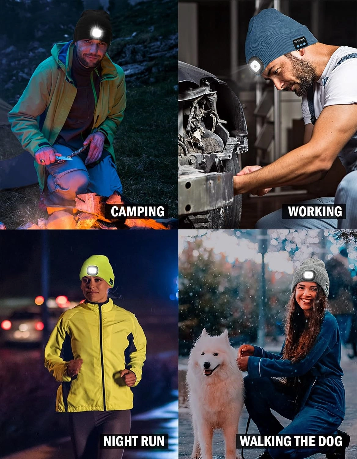 Wmcaps Bluetooth Beanie with a Light, Unisex USB Rechargeable 4 LED Fashlight Hat with Cordless Headphones, Unique Christmas Birthday Gifts for Men Him Husband Teen