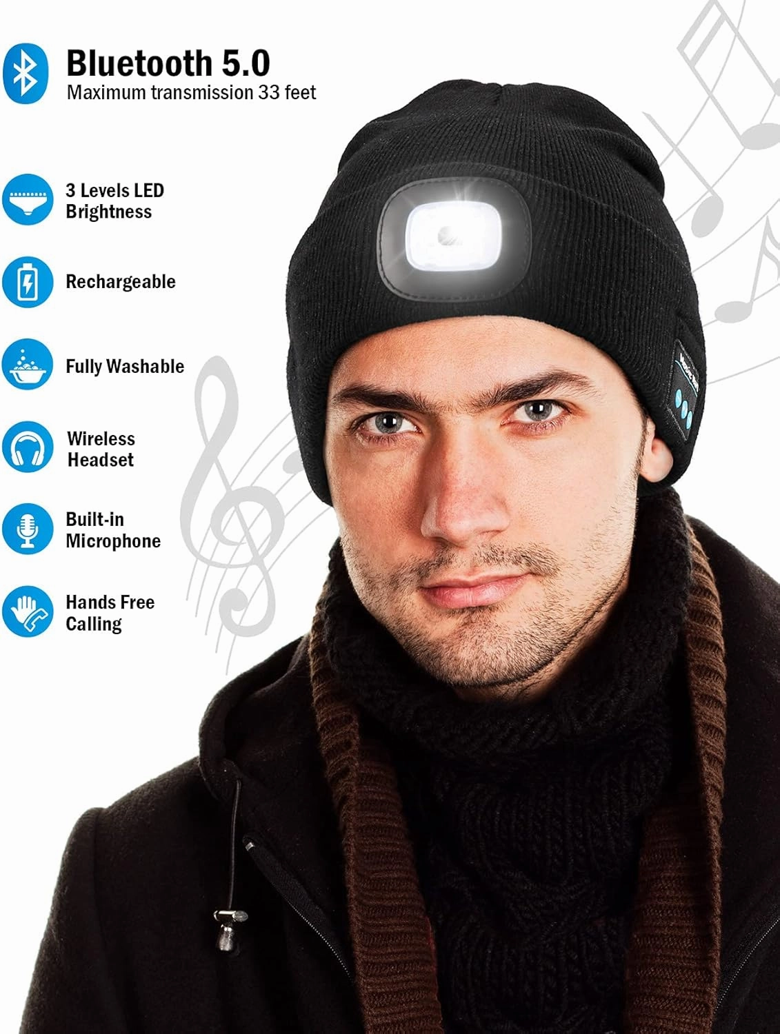 Wmcaps Bluetooth Beanie with a Light, Unisex USB Rechargeable 4 LED Fashlight Hat with Cordless Headphones, Unique Christmas Birthday Gifts for Men Him Husband Teen