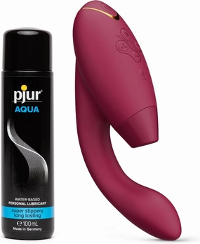 Womanizer Duo 2 Bordeaux Dual Stimulation Pleasure Air Clitoris Stimulator Rabbit Vibrator & Pjur Aqua Water Based Personal Lubricant 3.4 fl oz - Female Sex Toys Bundle