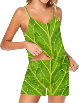 Women Cami Pajama Set 2 Pieces Short PJ Set Green Cabbage Leaf Soft Sleepwear S-XXL