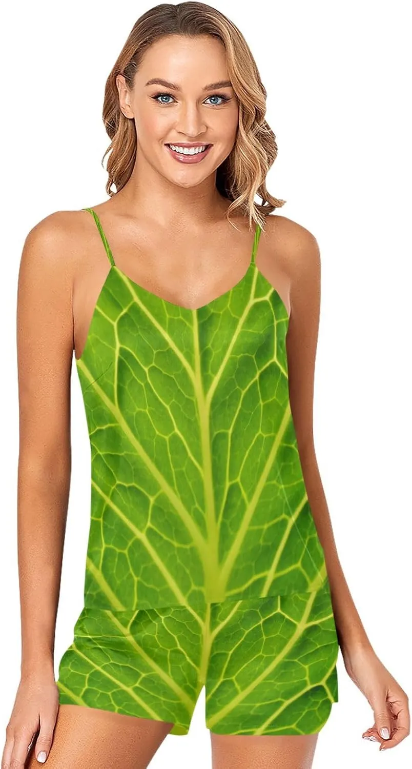 Women Cami Pajama Set 2 Pieces Short PJ Set Green Cabbage Leaf Soft Sleepwear S-XXL