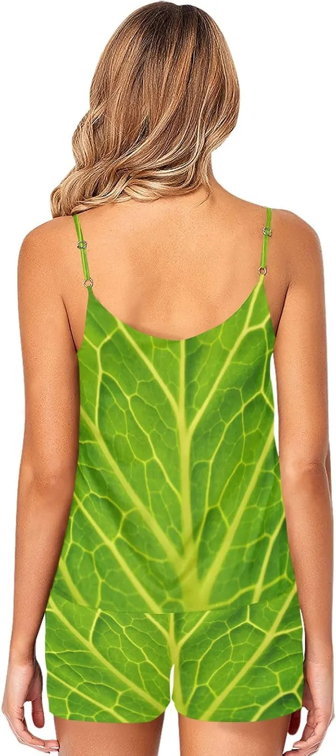 Women Cami Pajama Set 2 Pieces Short PJ Set Green Cabbage Leaf Soft Sleepwear S-XXL