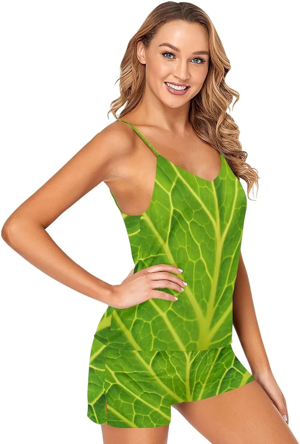 Women Cami Pajama Set 2 Pieces Short PJ Set Green Cabbage Leaf Soft Sleepwear S-XXL
