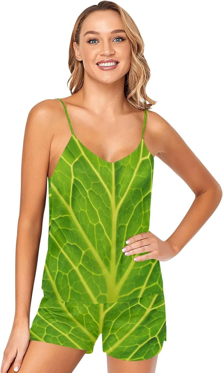Women Cami Pajama Set 2 Pieces Short PJ Set Green Cabbage Leaf Soft Sleepwear S-XXL