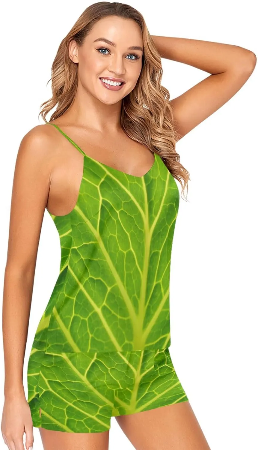 Women Cami Pajama Set 2 Pieces Short PJ Set Green Cabbage Leaf Soft Sleepwear S-XXL