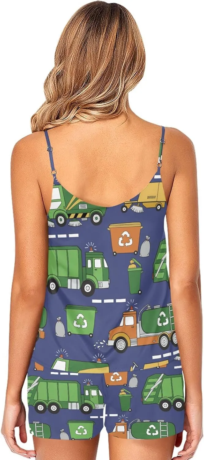 Women Cami Pajama Set 2 Pieces Short PJ Set Hand Drawn Garbage Trucks Soft Sleepwear S-XXL