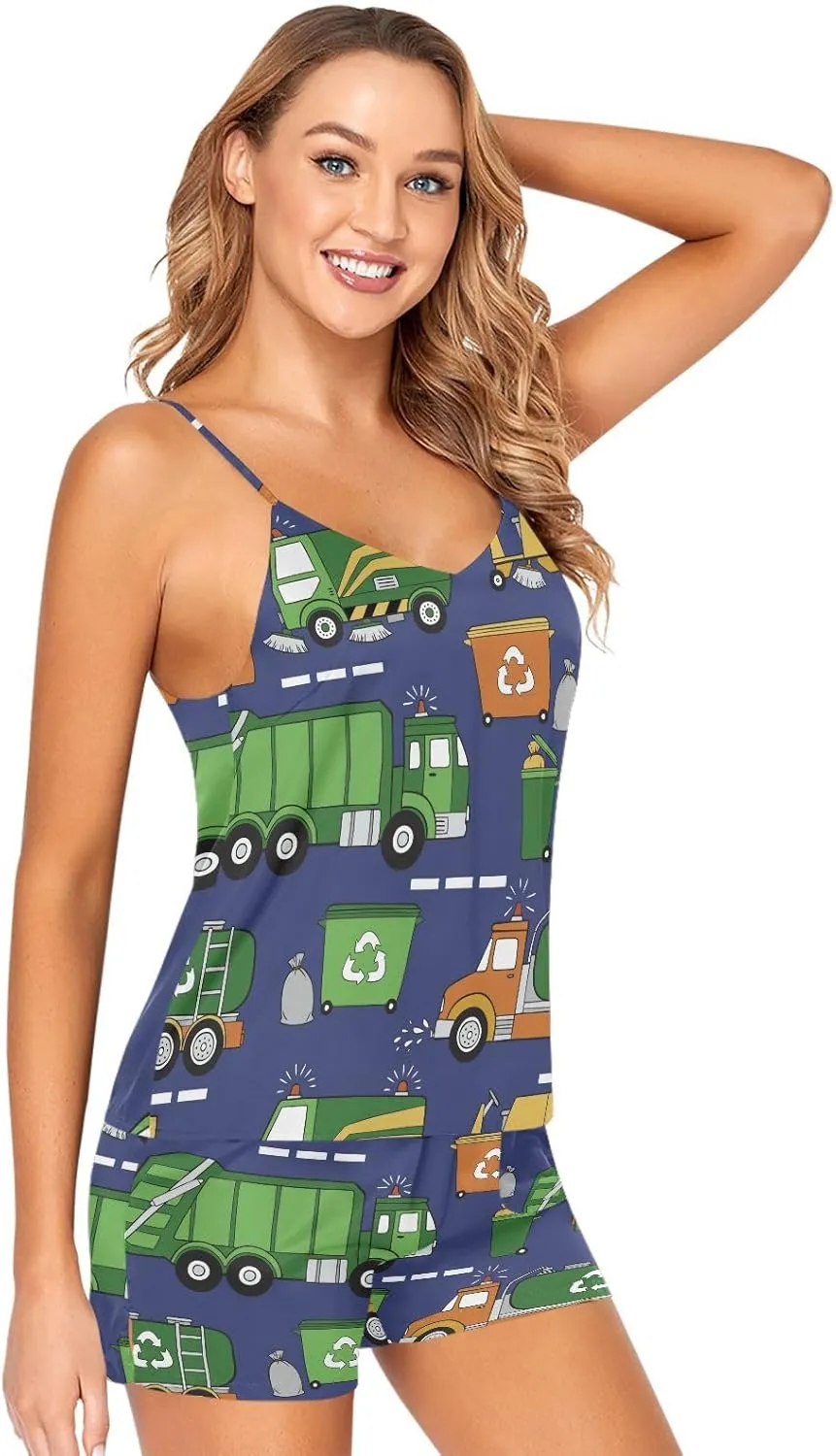 Women Cami Pajama Set 2 Pieces Short PJ Set Hand Drawn Garbage Trucks Soft Sleepwear S-XXL